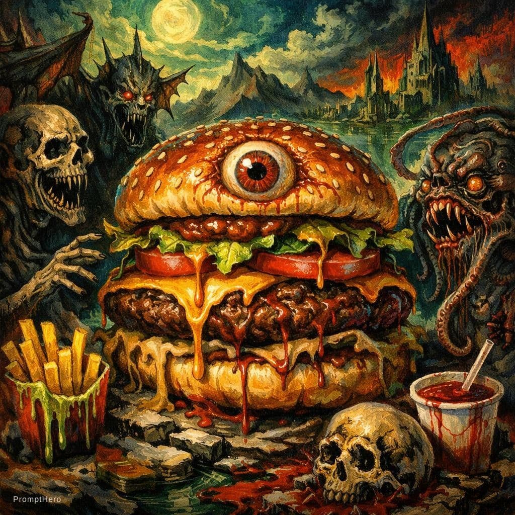 AI generated:  Hamburger in the style of luminous landscapes, detailed
character illustrations, nightmarish creatu...