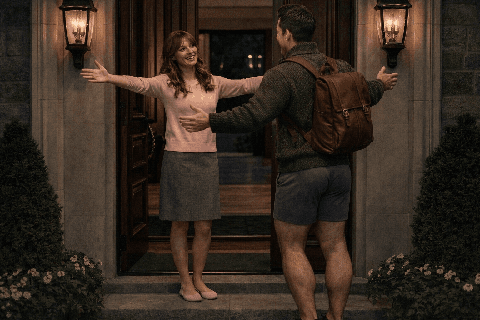 AI generated: At night, outside of a beautiful and luxurious home at the main dark wooden door. The female model i...