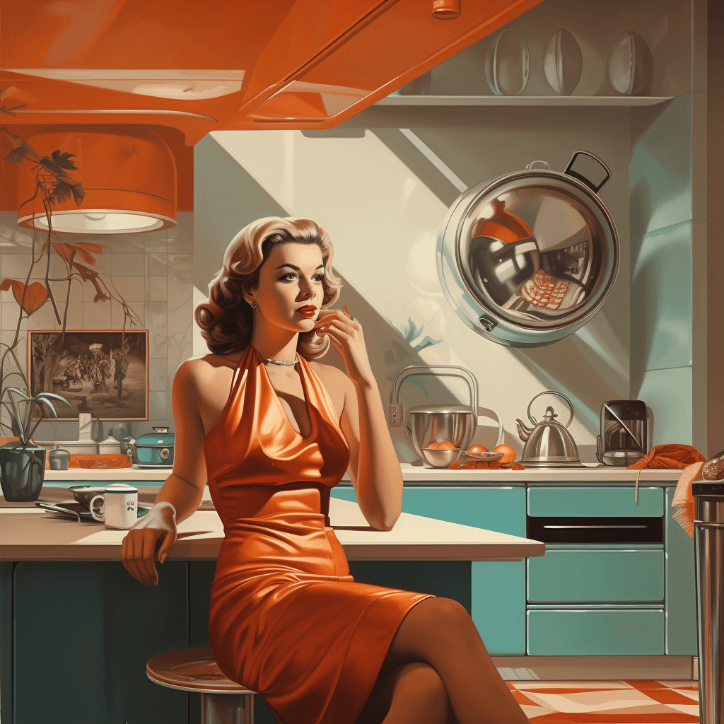 AI generated: 50’s style kitchen with woman from the future