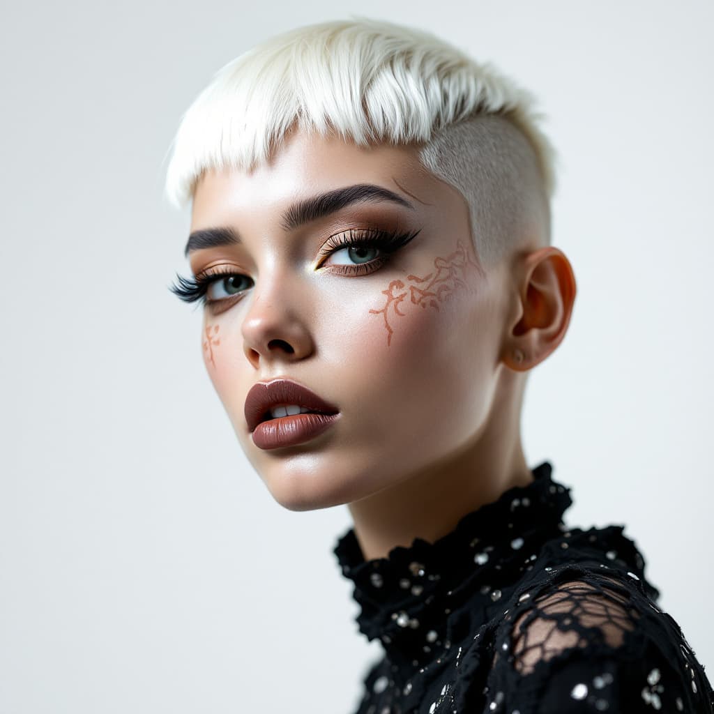 AI generated: a beautiful albino model with an avant-garde haircut, she is looking into the camera, henna pattern ...