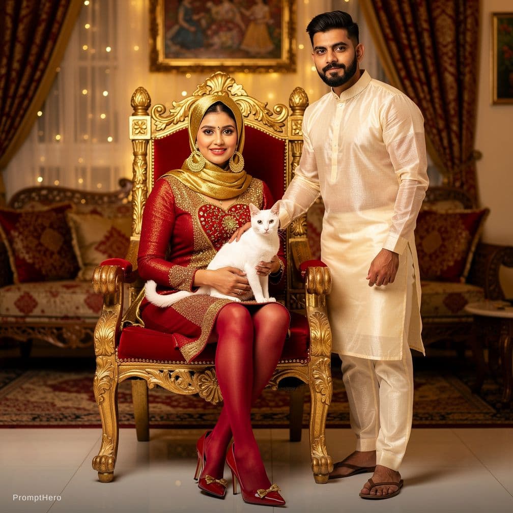 AI generated: An elegant and rich family photo: Indian brown-skin female with royal gold with gold hijab on her he...