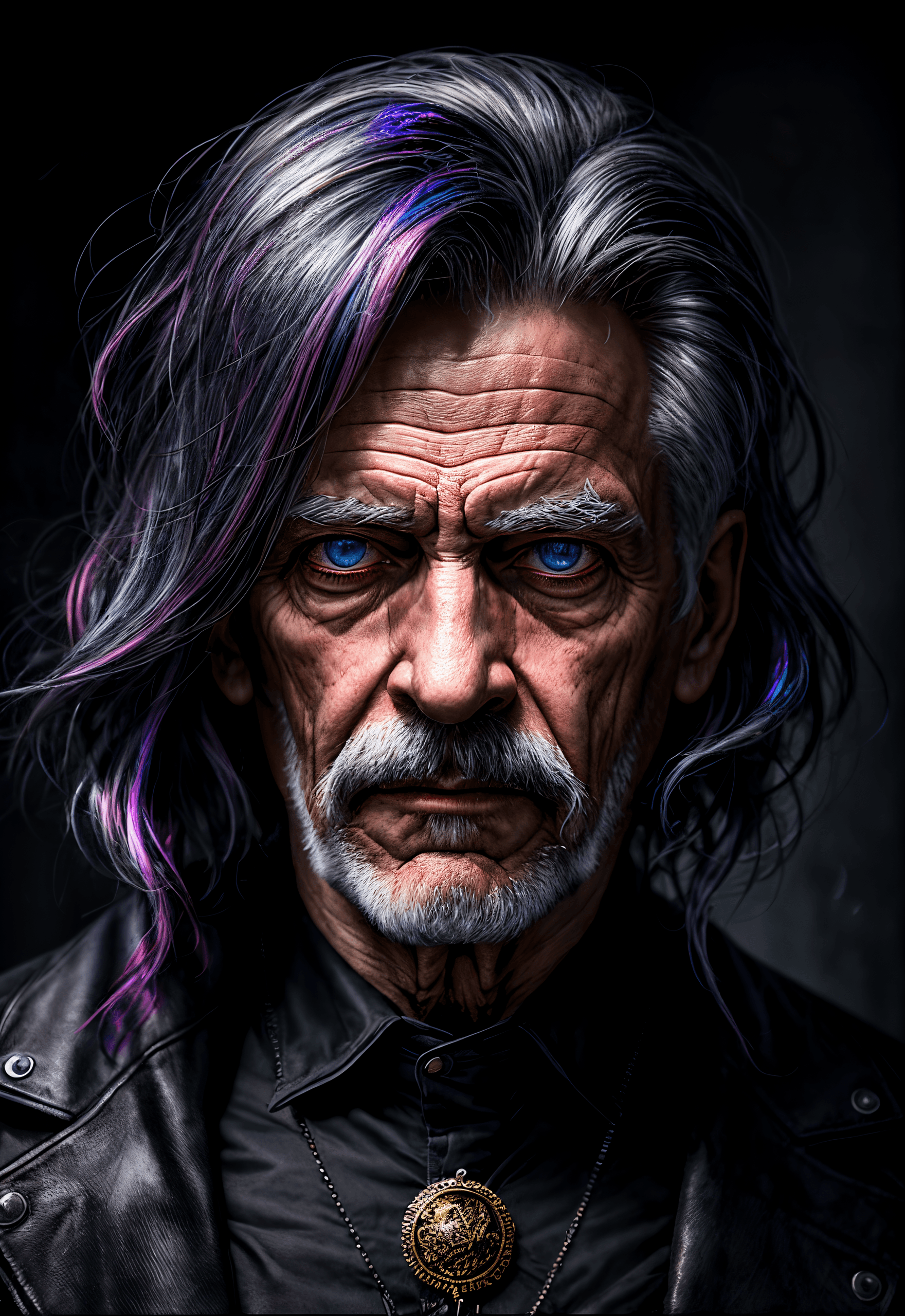 AI generated: (masterpiece, best quality), an old man, darksynth style , hair made of iridescent foil , detailed f...