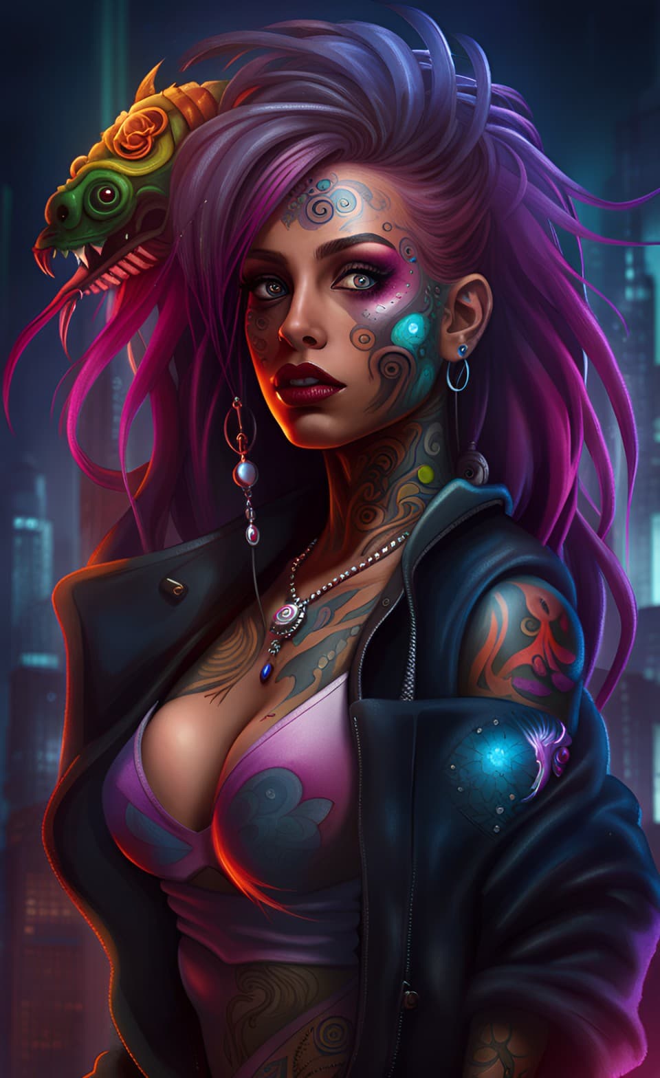 AI generated: Stunning fantasy Alien Cyberpunk Humanoid female portrait with visible vivid tattoos, ethereal, ultr...