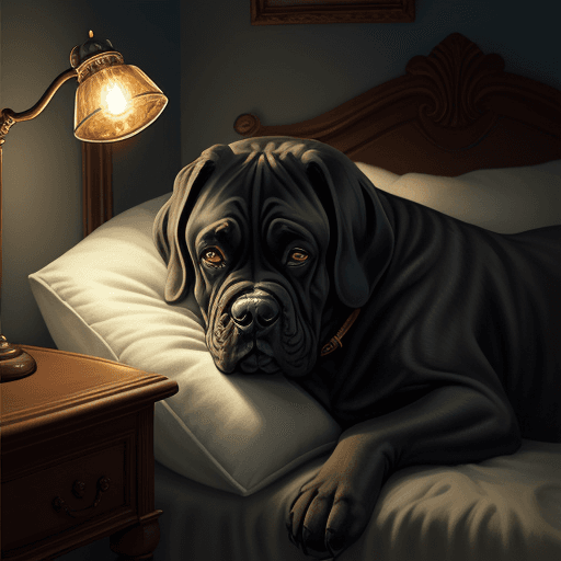 AI generated: cane corso in a bed sleeping with lamps in the background great detail painting style