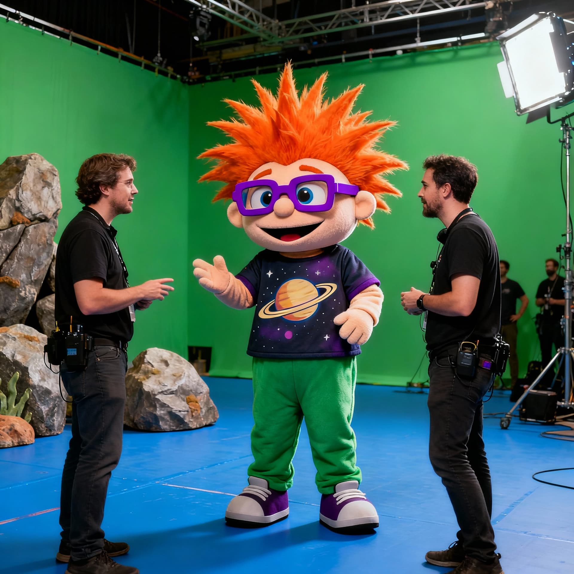 AI generated: A behind-the-scenes photo on a live-action the Rugrats film set, featuring a highly detailed Chuckie...