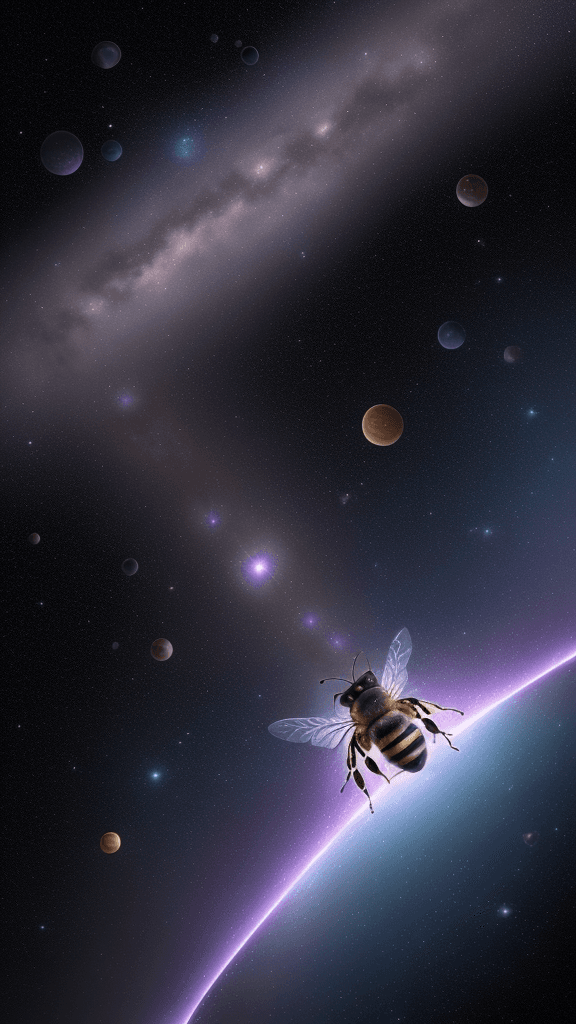 AI generated: {A honeybee floats in the darkness of space, its wings buzzing softly. The bee is surrounded by star...