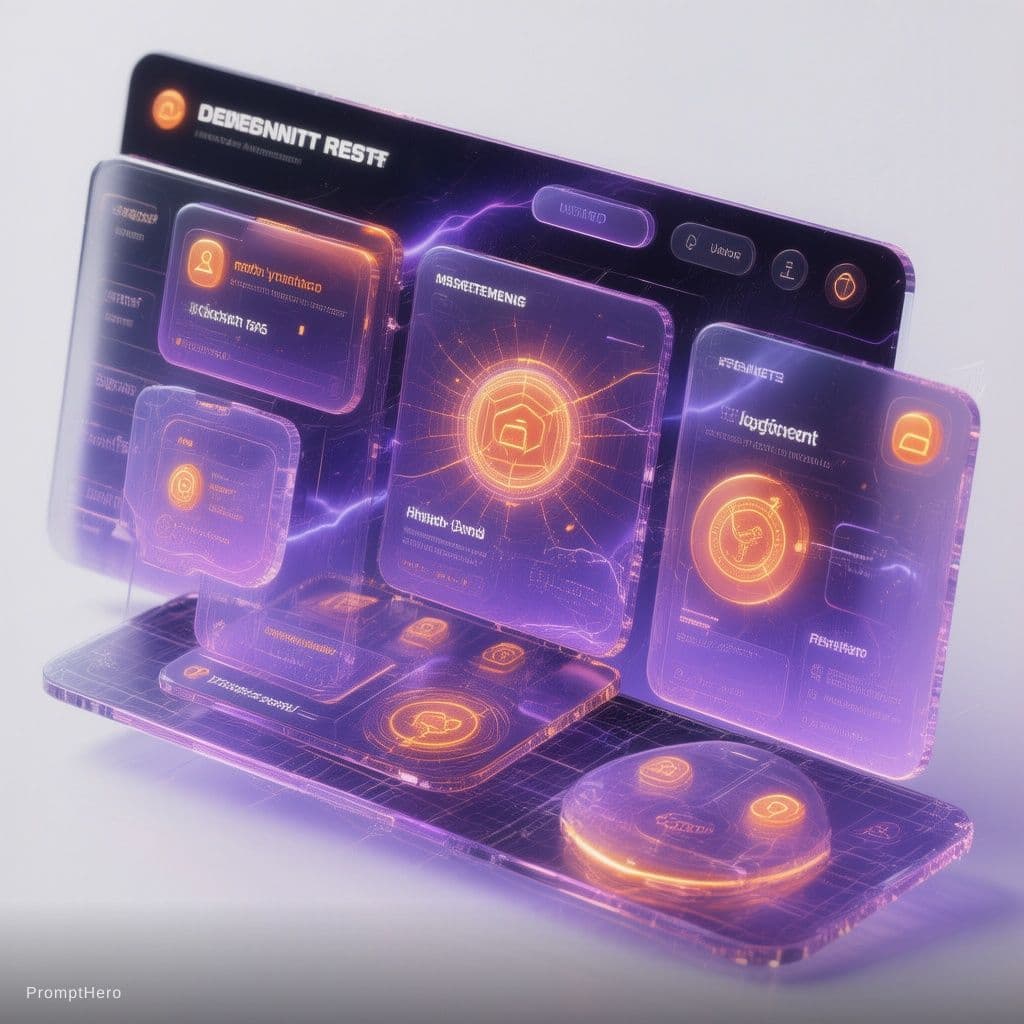 AI generated: 3D digital product mockup for a software UI kit, glowing purple and orange aesthetics, floating inte...