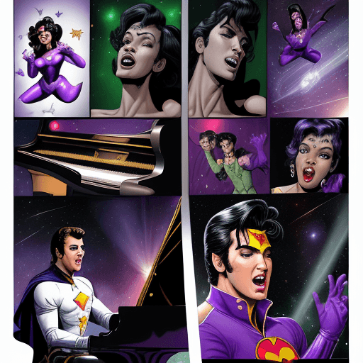 AI generated: This is a comic page 

Panel 1 
Super elvis is sing in outer space 
Panel 2 
Prince in a purple Batm...