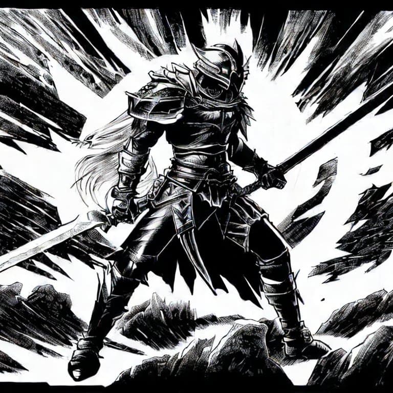 AI generated: (((Manga wallpaper))), monochrome, Black Knight standing very intimidatingly in front of an eclipse,...