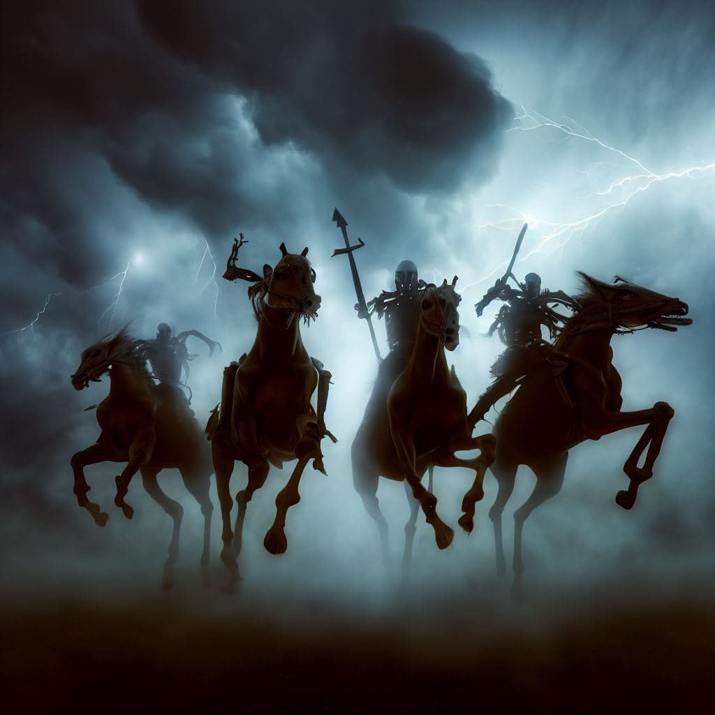 AI generated: The 4 Riders of the Apocalypse galopping out of a stormy sky, riding skeletons as envisioned by Albr...