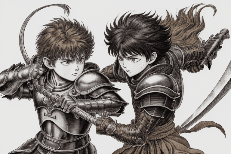 AI generated: monochrome, a little boy, brown hair with tuft, in golden armor, manga, ((without helmet)), in a fig...
