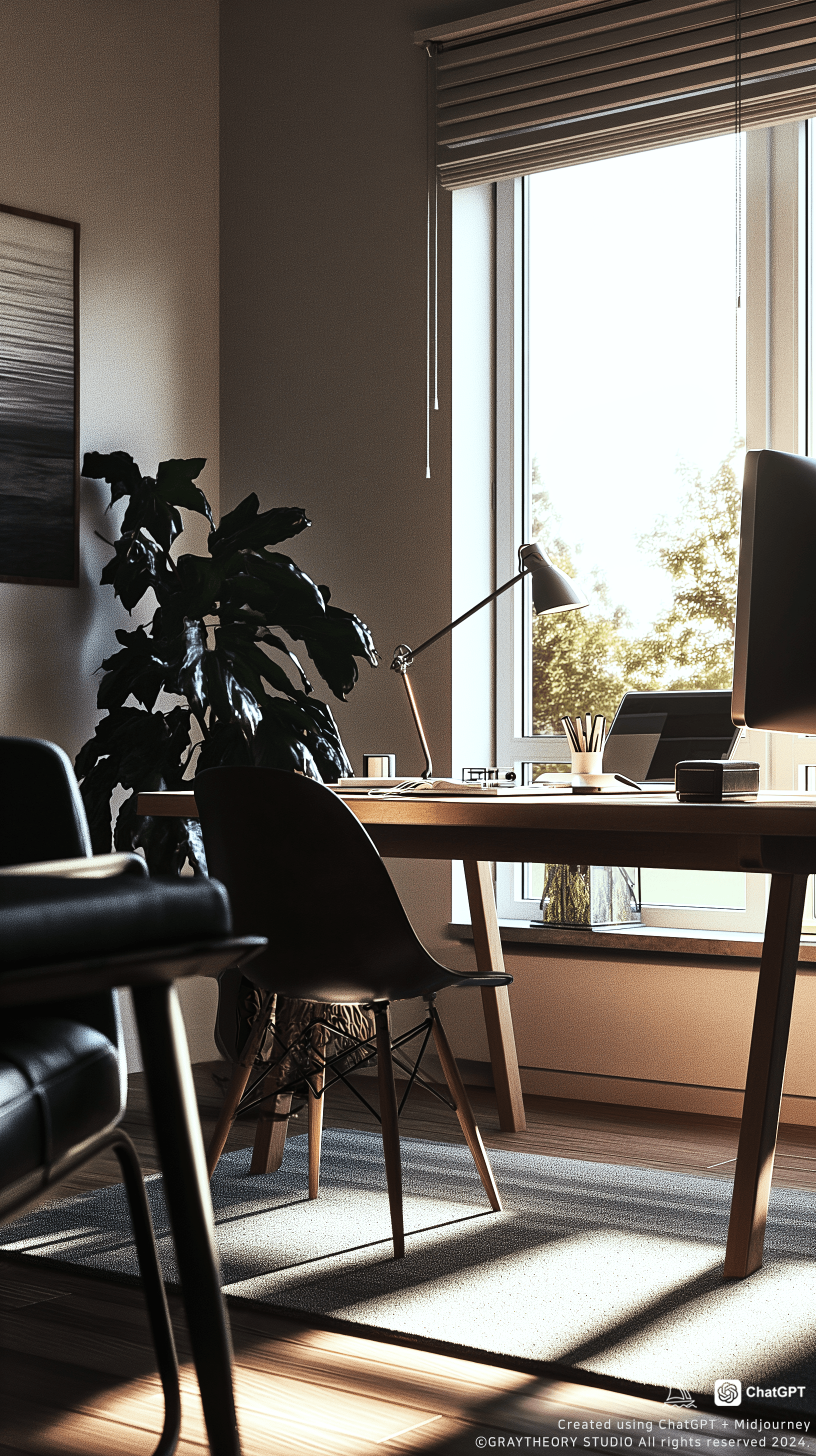 AI generated: A cozy Scandinavian home office, natural oak desk, ambient lighting from a floor-to-ceiling window, ...