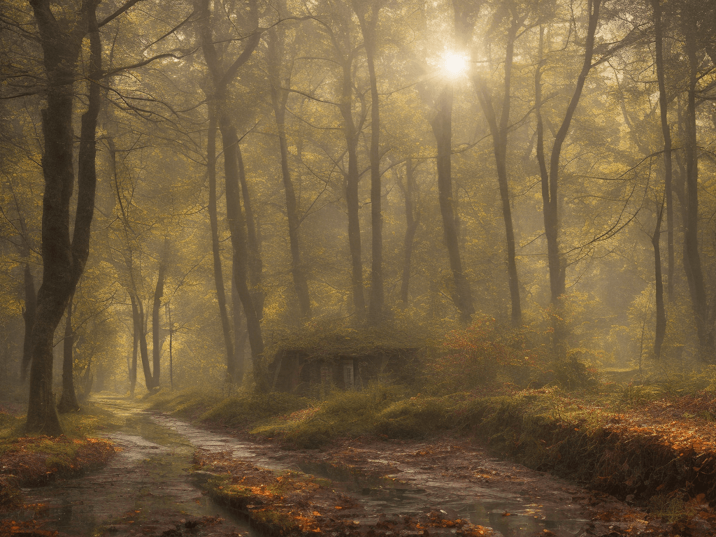 AI generated:  deep in a dense forest, shafts of late aftenoon sunlight coming through the leaves of ancient trees...