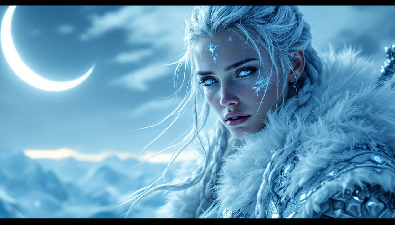 AI generated: A cinematic, ultra-realistic digital artwork featuring a young, beautiful, resilient female frost wa...
