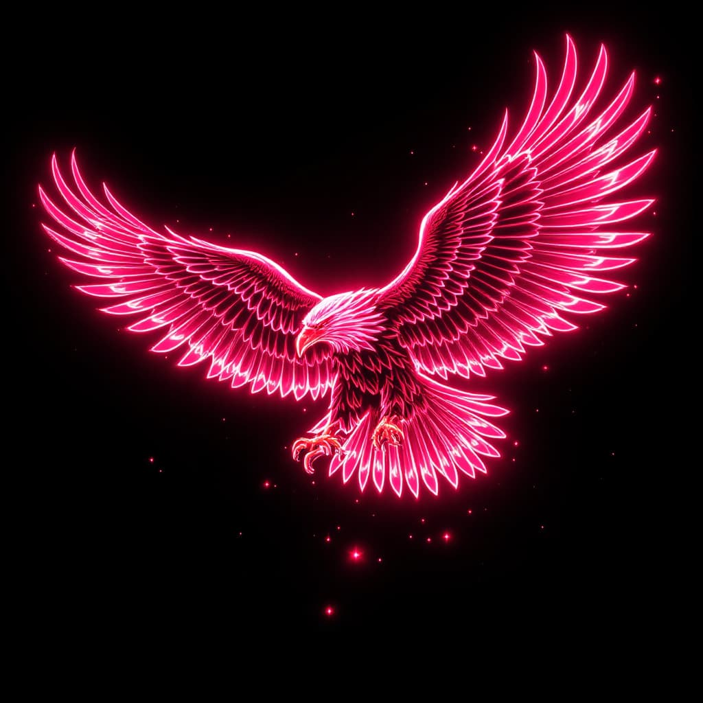 AI generated: eagle flying  bioluminiscente rojo neón UHD que tenga forma de  escudo militar 