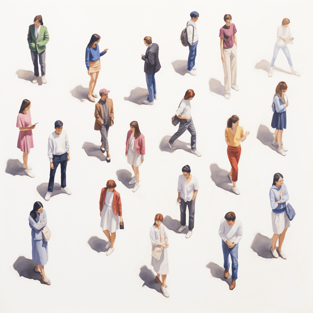 AI generated: a series of [people] are shown in isometric fashion, in the style of small brushstrokes, white backg...