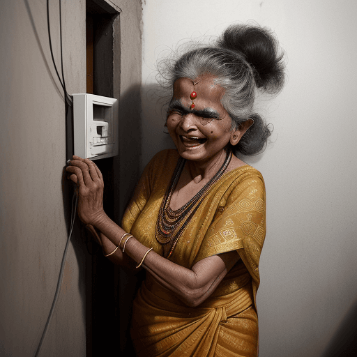 AI generated: a 70 year old Indian woman wearing a traditional dress and sarong was touching an electrical switch ...