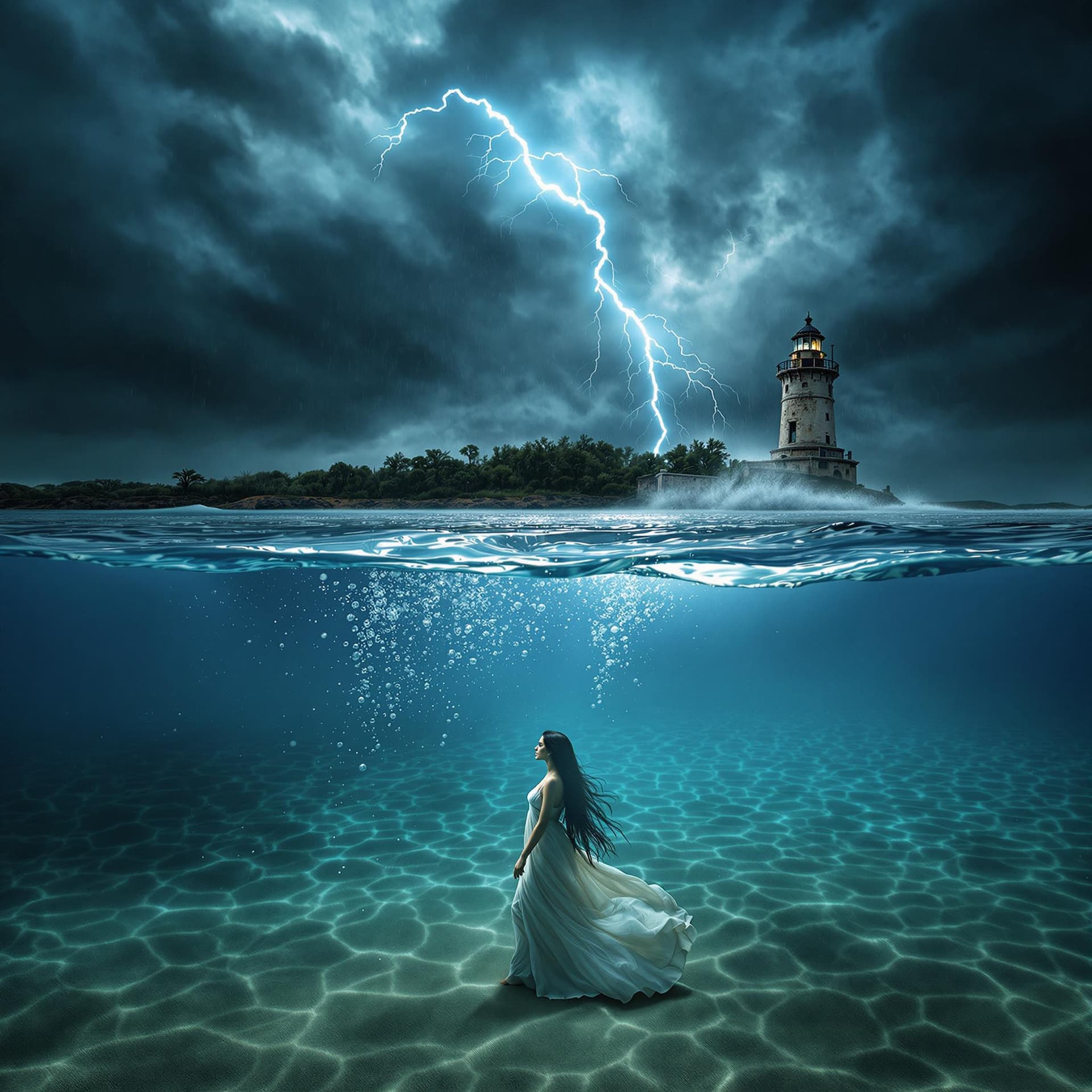 AI generated: A cinematic split-frame composition where the lens is half-submerged underwater. Half of the body is...