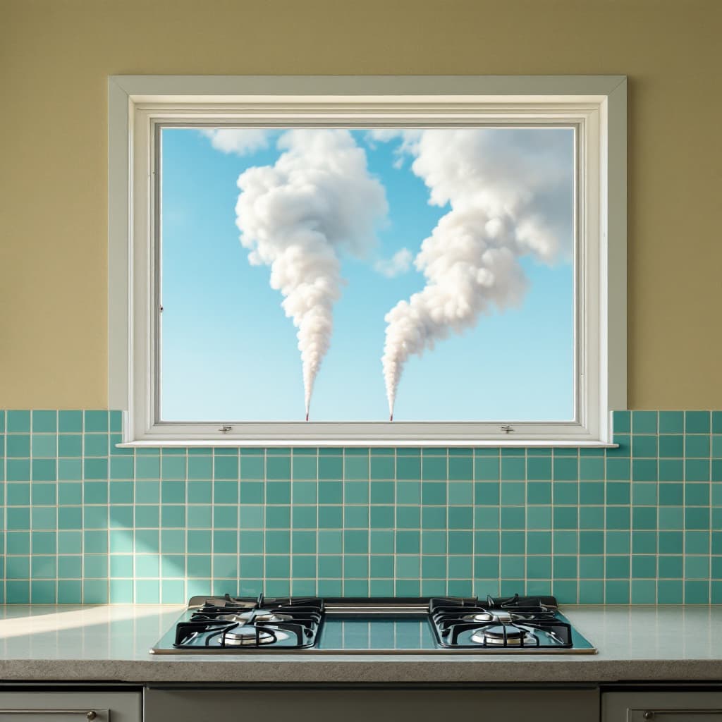 AI generated: A front wall with vintage turquoise square kitchen tile coverings in the background, from the floor ...