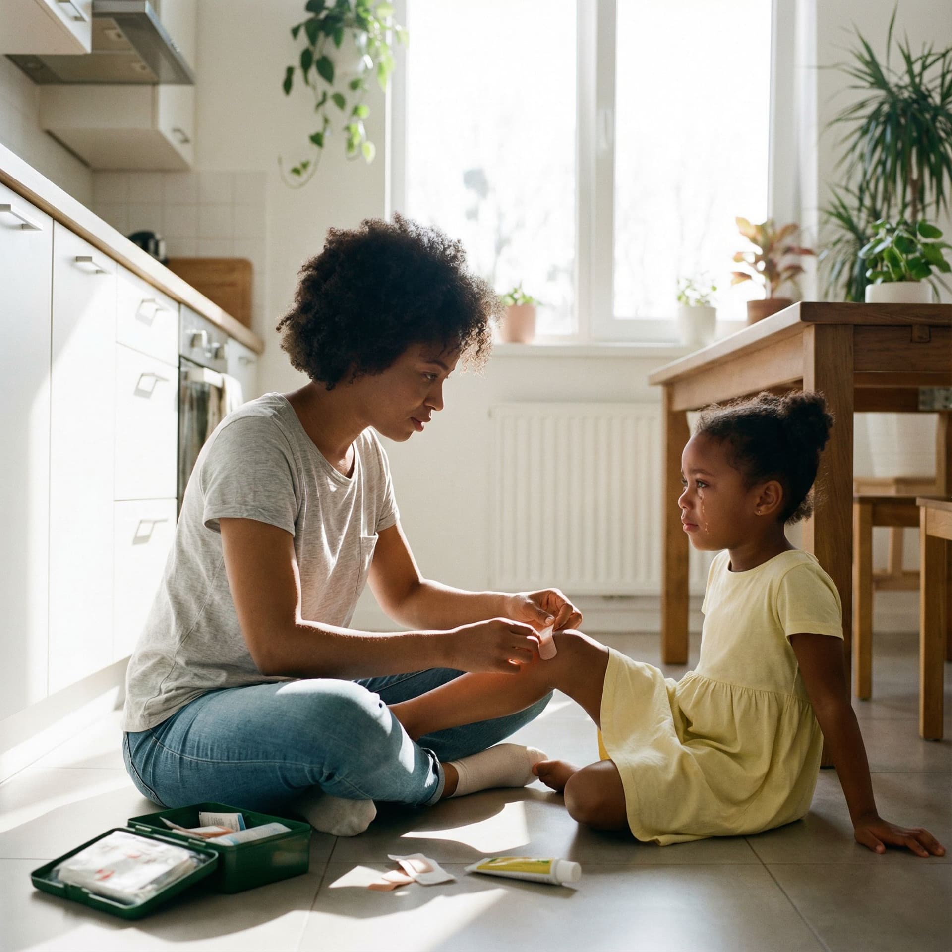 AI generated: A full-body, photo-realistic image of an African American mother sitting cross-legged on a warm, sun...