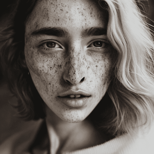 AI generated: Detailed and realistic portrait of a woman with freckles, round eyes and short messy hair shot outsi...