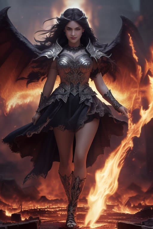 AI generated: (extremely detailed 8k wallpaper)+, a medium shot photo of a demonic sorceress conjuring fire in a b...