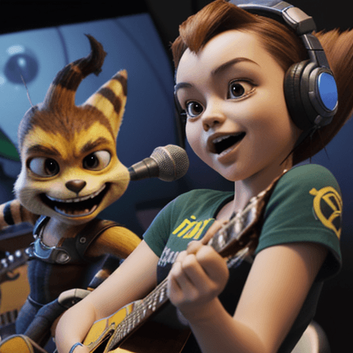 AI generated: Ratchet and Clank playing guitar and singing in a recording studio