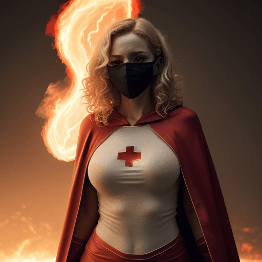 AI generated: 
Superhero, nurse. woman, surrounded by fire, nursing clothes, blonde curly hair. Whole body. Tight ...
