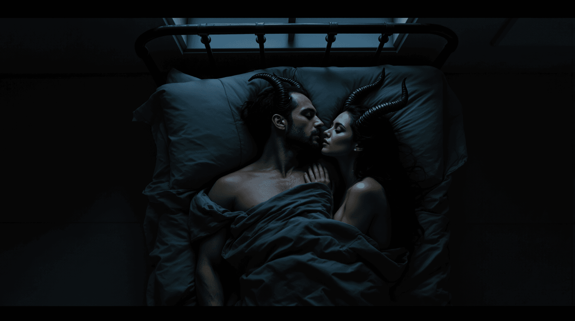 AI generated: Dark Cinematic night scene, horror movie, overhead shot of a man in his mid-30s, wearing no shirt, s...
