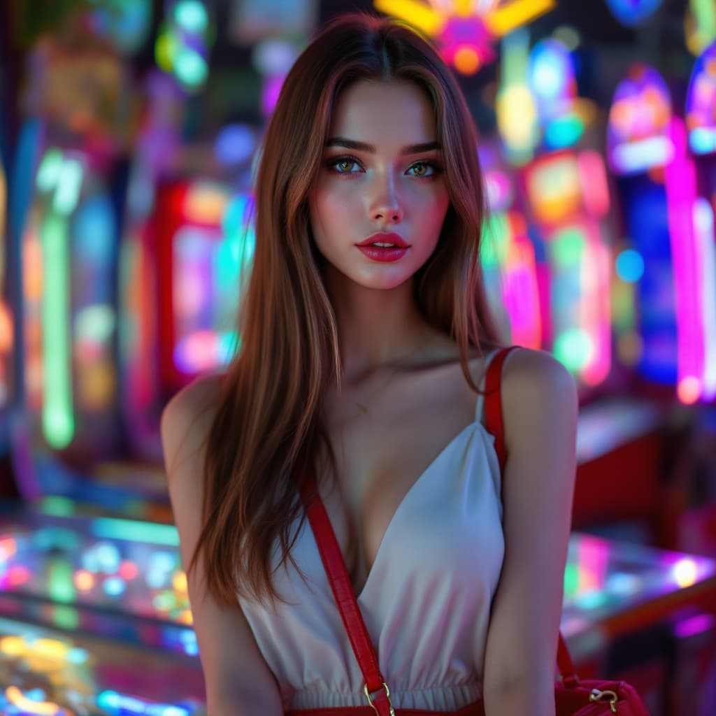 AI generated:  femle,She has long, straight brown hair and wears a distinctive, light dress. The woman has a porce...