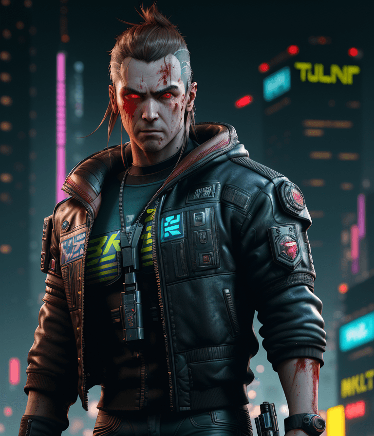 AI generated: a male protagonist of cyberpunk 2077 with a big jowline,a tuft, brown hair, red eyes, oily complexio...