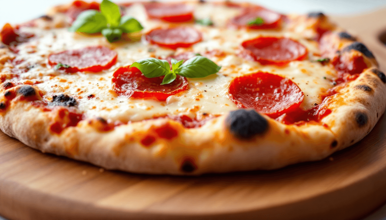 AI generated: Freshly baked pizza with gooey cheese, pepperoni, and basil leaves, served on a wooden board.