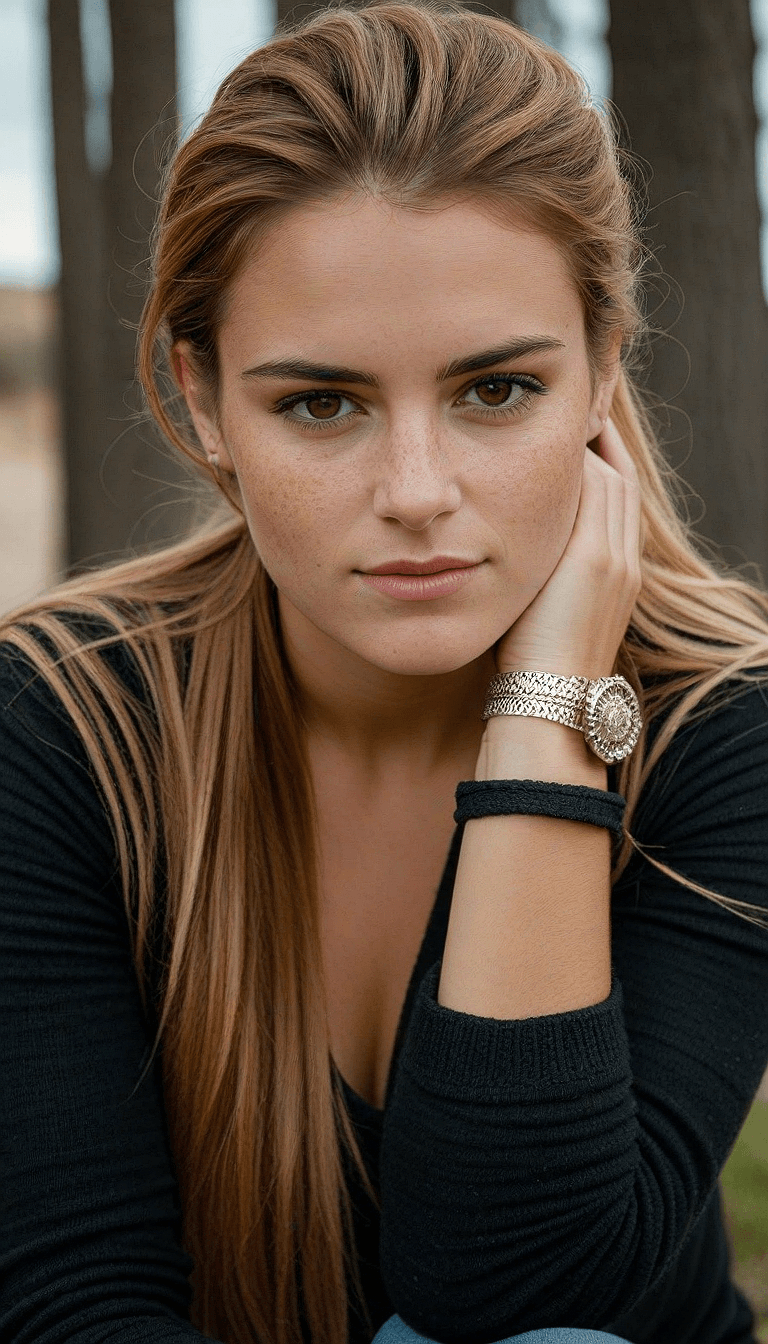 AI generated: An image of a contemplative young woman with honey-blonde hair pulled back from her face, transition...