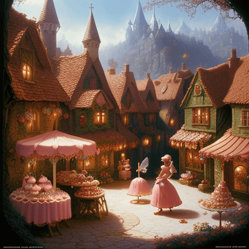 AI generated: fairy in fairytale village made from strawberries with cream and donuts and birthday cakes, fairytal...