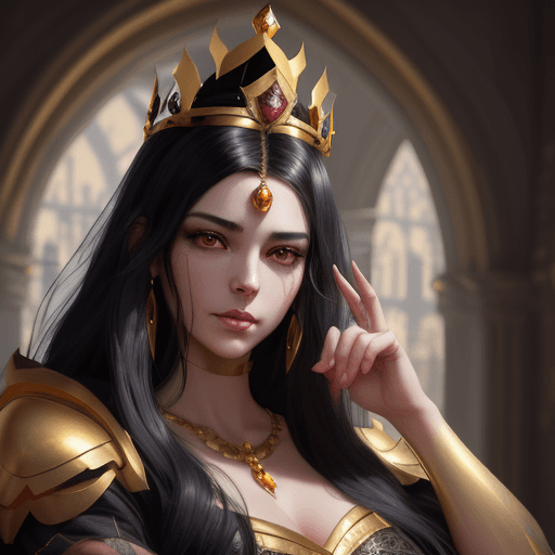 AI generated: User
dark black haired woman with golden crown and jewels in the hair, in a castle setting, seeing h...