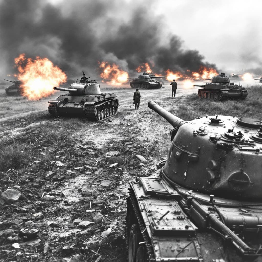 AI generated: Superimpose images of broken tanks and firing tanks on the plain where the Kurz tank battle of World...