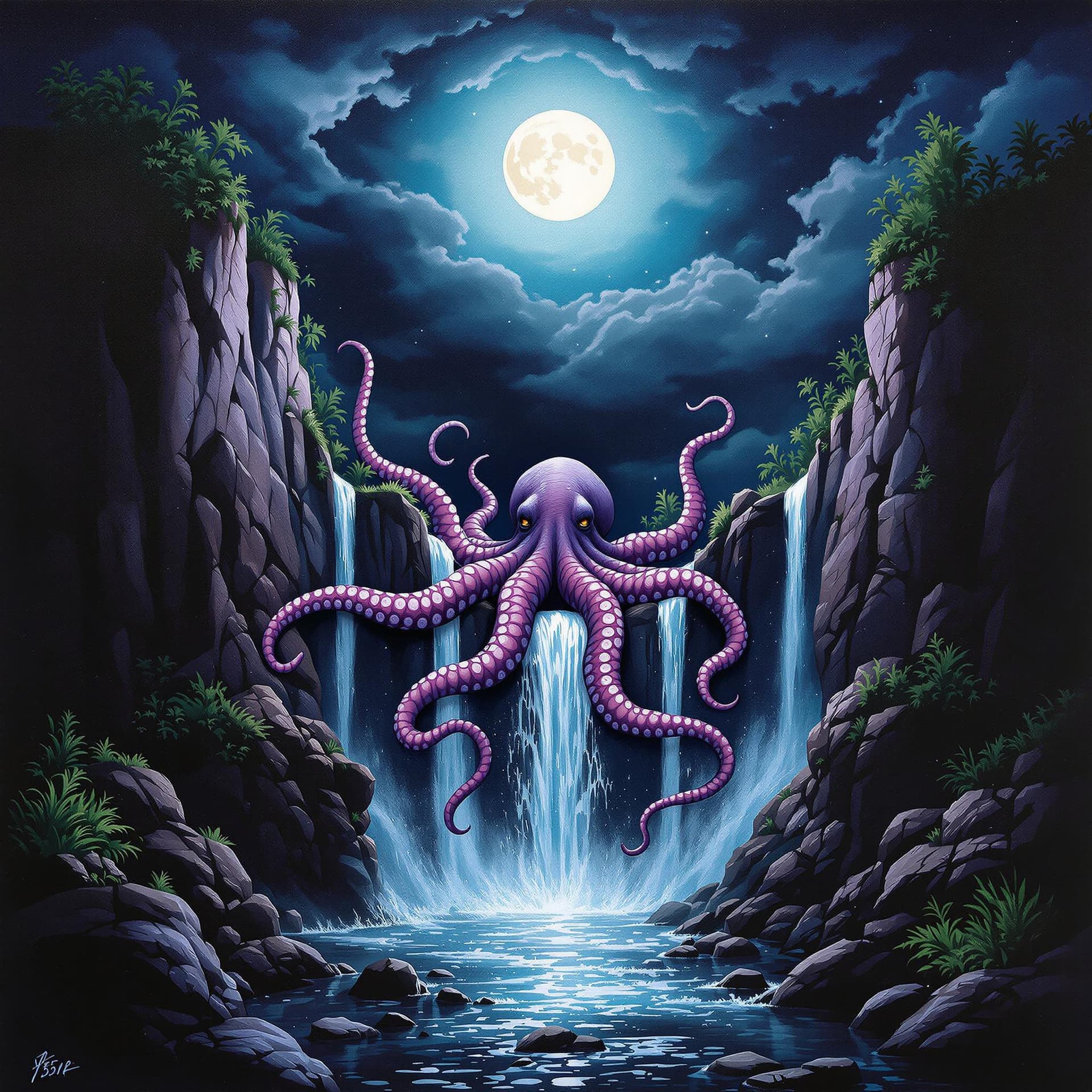 AI generated: A fantasy painting , depicting an octopus In the foreground, a waterfall cascades over a rocky cliff...