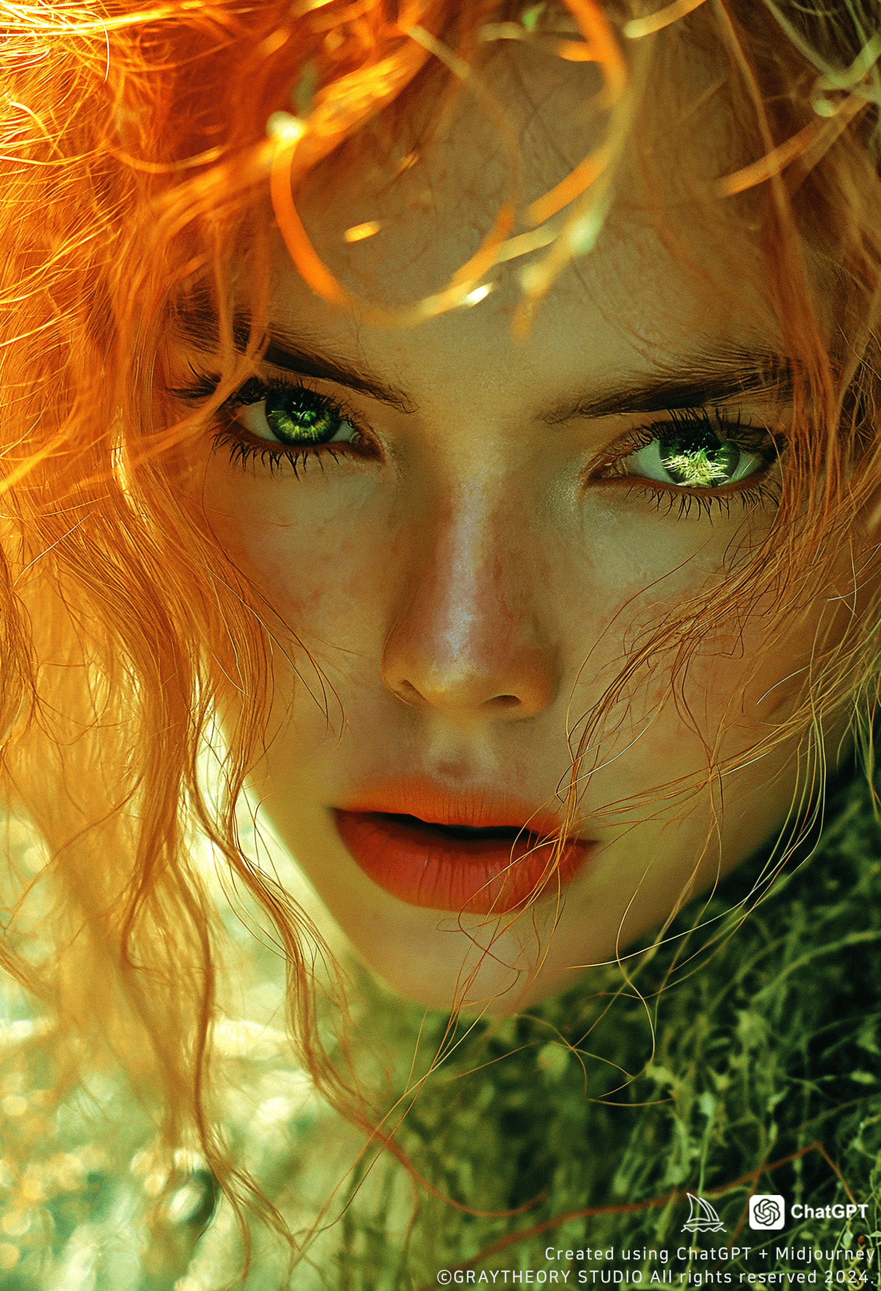 AI generated: photo of a woman, fiery white hair, white eye, 280mm f/5.5 lens, earthy green and brown optical, sof...