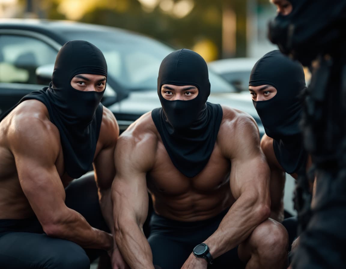 AI generated: Police arrest three Chinese men athletes next to a car during the day. Their kneels are down. They w...