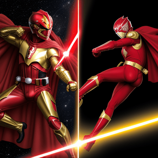 AI generated:  RED SPANDEX SUIT, WITH GOLD GLOVES AND BOOTS , wearing a RED ranger helmet HOLDING a lightsaber vs ...