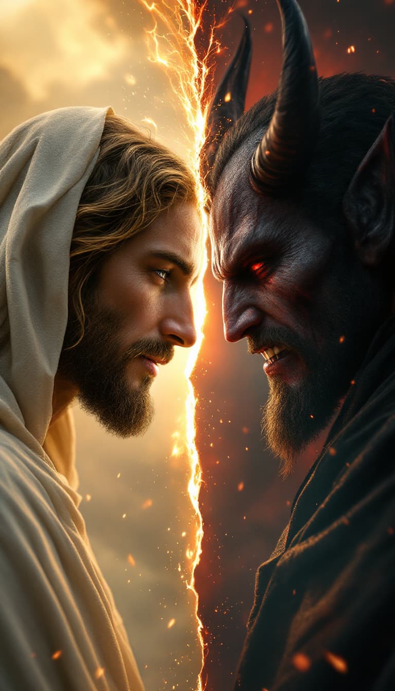 AI generated: A cinematic masterpiece rendered in 8k octane, showcasing a timeless conflict: a divine Jesus to the...