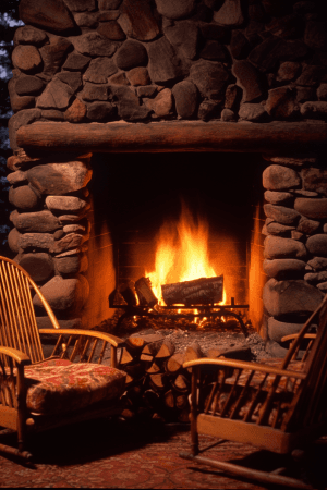 AI generated: A cozy fireplace at night, the warmth of the evening, with crackling flames of orange and yellow. fo...