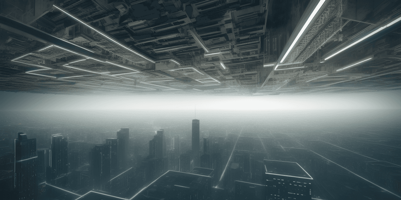 AI generated: huge skyscraper made from a cpu die, high contrast, yellow and black color scheme, shart edges, insa...