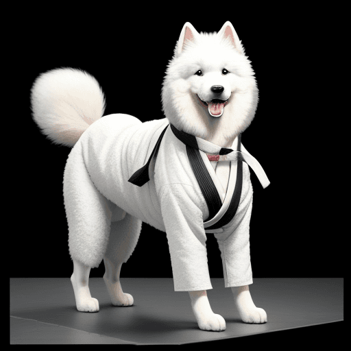 AI generated: samoyed dog standing on his 2 back legs wearing a judogi and a black belt on a black background