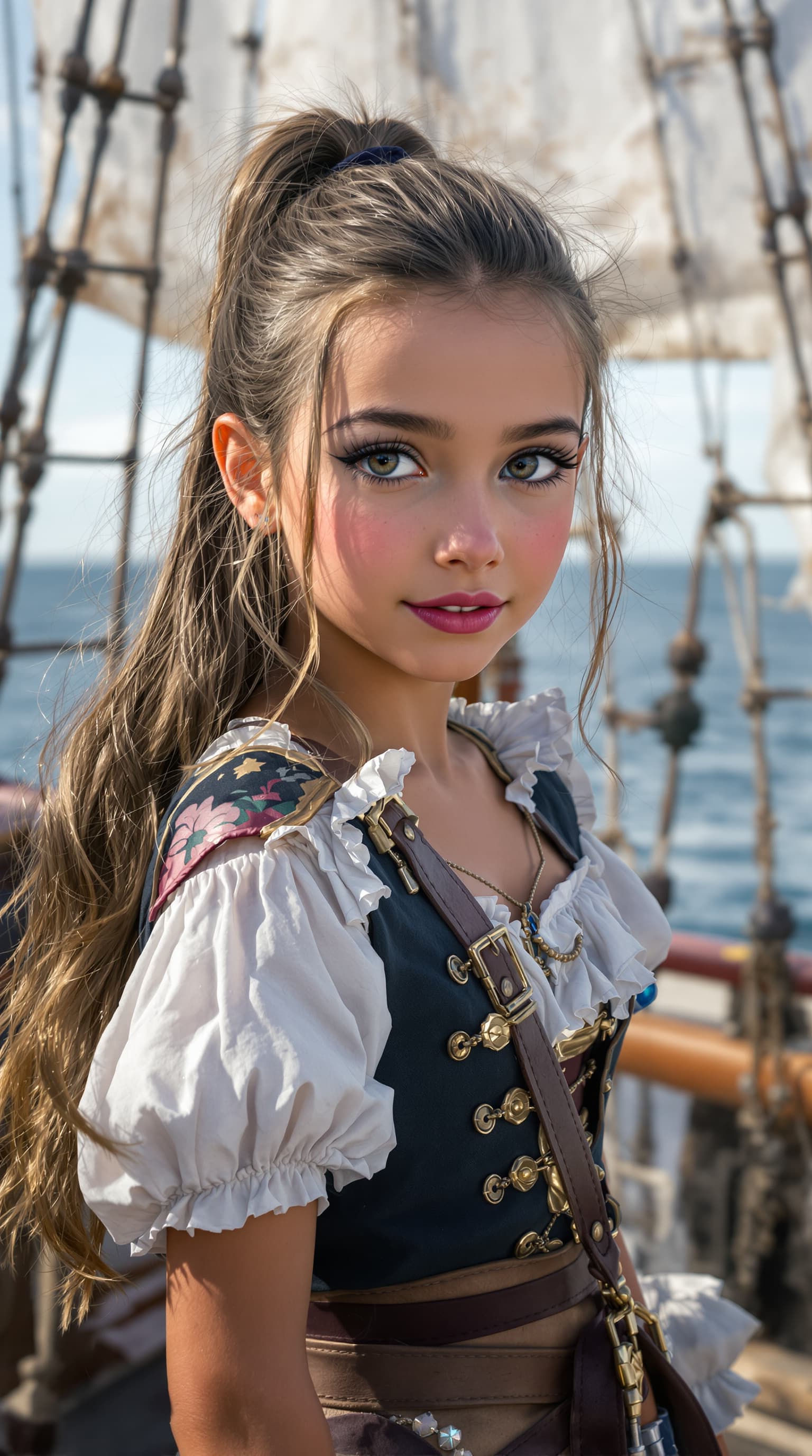 AI generated: a professional photo of a exceptionally the most girl in the world seven year old, Sara, pirate, det...