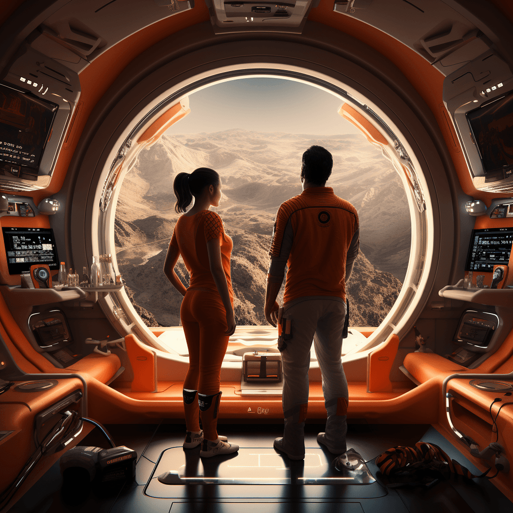 AI generated: general view of the interior of a spaceship with some windows to observe, space station outside, ins...