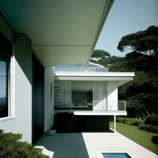 AI generated: Hyper realistic eye level exterior photo of a mid century modern style house overlooking the ocean, ...