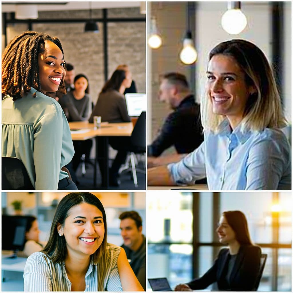 AI generated: "A photo collage featuring diverse team members in a modern office setting, candid shots, warm light...