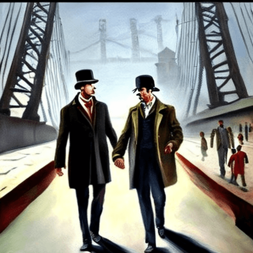 AI generated: A realistic Painting of Sherlock Holmes and Oppenheimer walking together in Howrah Bridge