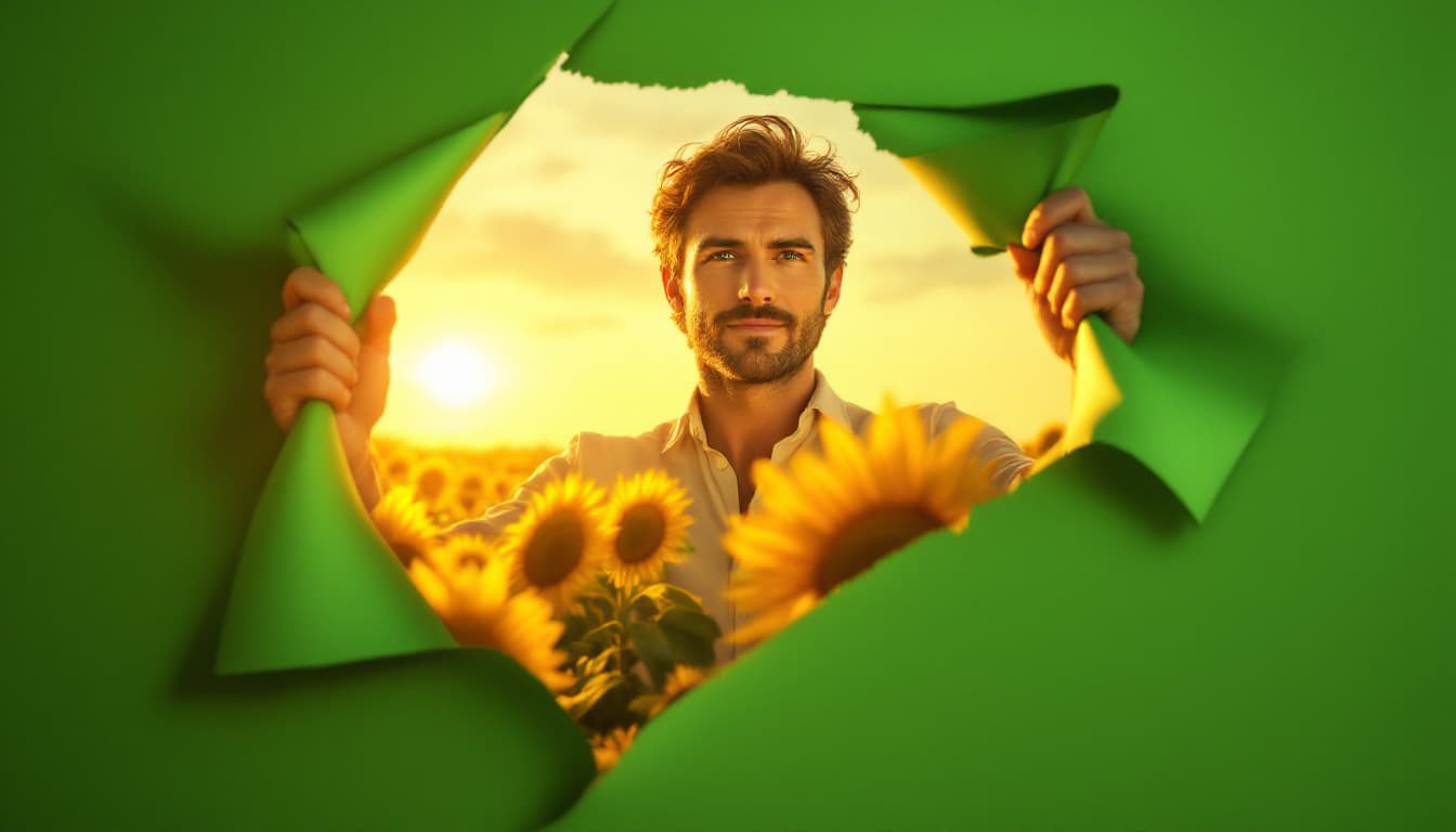 AI generated: A photo of a European man with a confident expression tearing a green paper wall. He reveals a tropi...